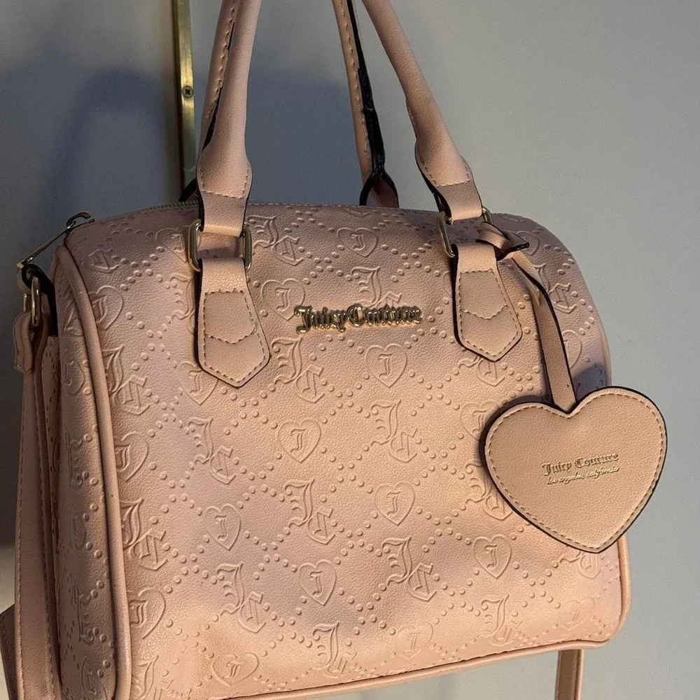 Juicy Couture Pink Monogram Embossed Satchel Bag Heart Charm Crossbody Purse